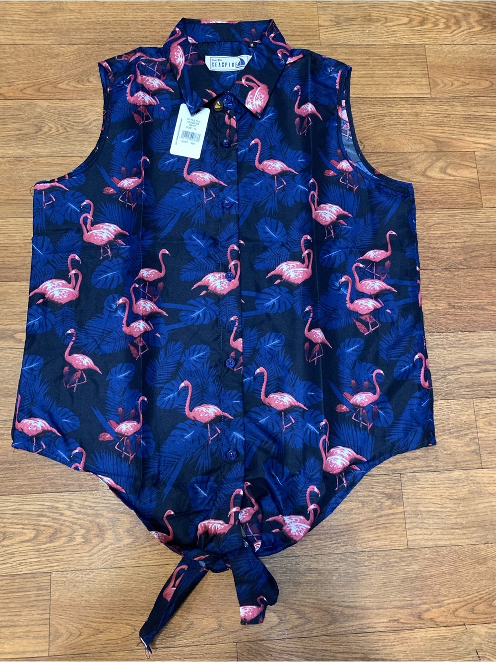 Women’s Navy Flamingo Print Button-Up Shirt Size Medium Ties At Waist NWT